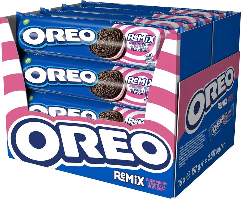 Oreo ▫️ Biscoitos Remix recheados com creme de framboesa e baunilha 157g - Embalagem de 16