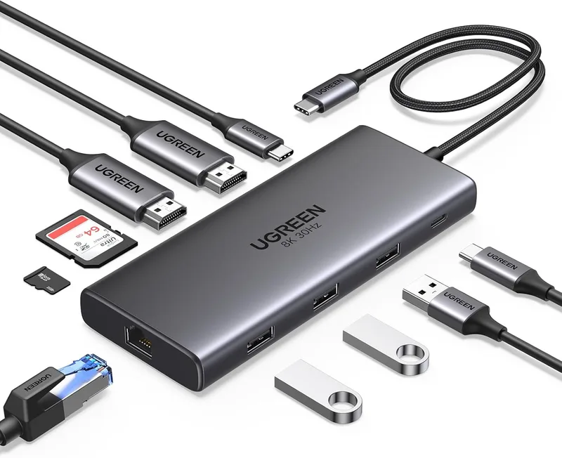 UGREEN ▫️ Revodok Pro 210 Docking Station USB C 10 em 1 Dual HDMI 8K30Hz 4K60Hz Hub Adaptador Tipo C para Ethernet RJ45 Gigabit PD 100W SD TF Card Reader Compatível com MacBook Pro Air M4 M3 M2 M1