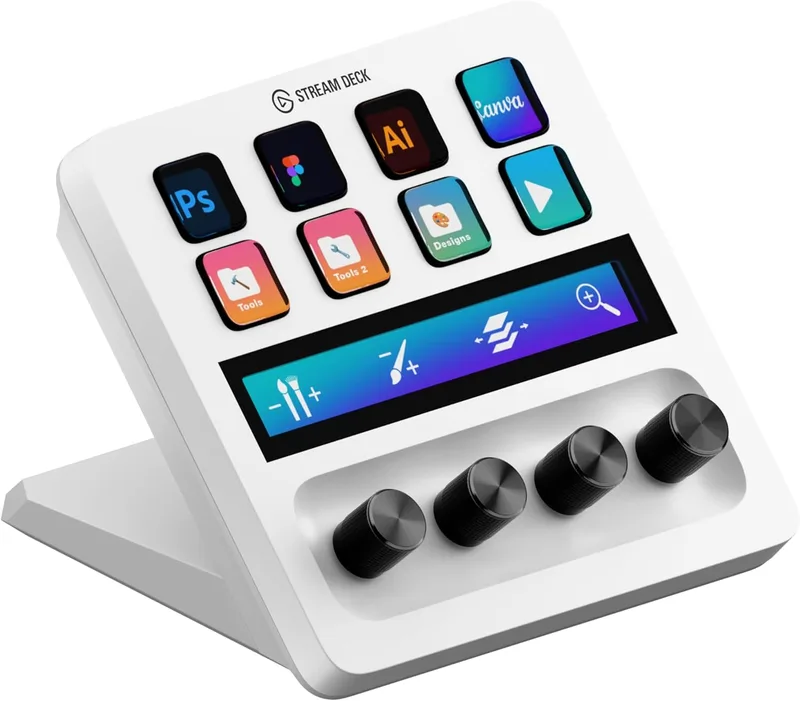 Elgato ▫️ Stream Deck + White, misturador de áudio, controlador para atuações ao vivo e de estúdio, ideal para streaming e jogos, com banda tátil, botões rotativos e teclas LCD personalizáveis, compatível com Mac e PC