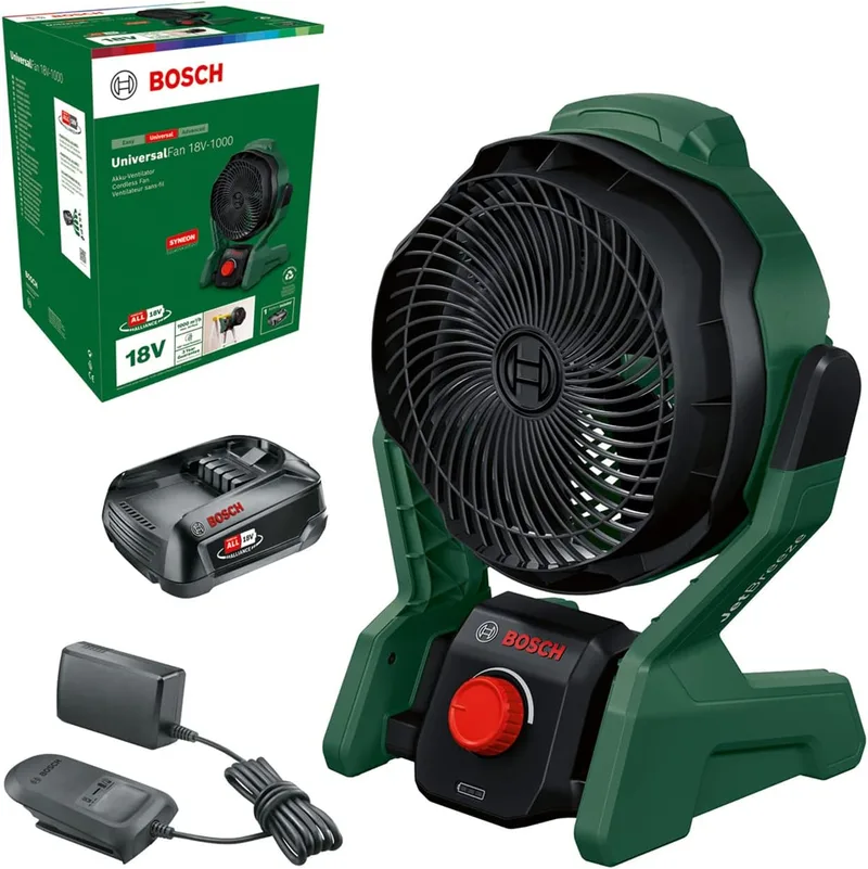 Bosch ▫️ Ventoinha portátil sem fios UniversalFan 18V-1000 (bateria de 1 x 2,0 Ah, sistema de 18 Volt, para bricolage, campismo e muito mais, volume do fluxo de ar: 1000 m³/h, na caixa)