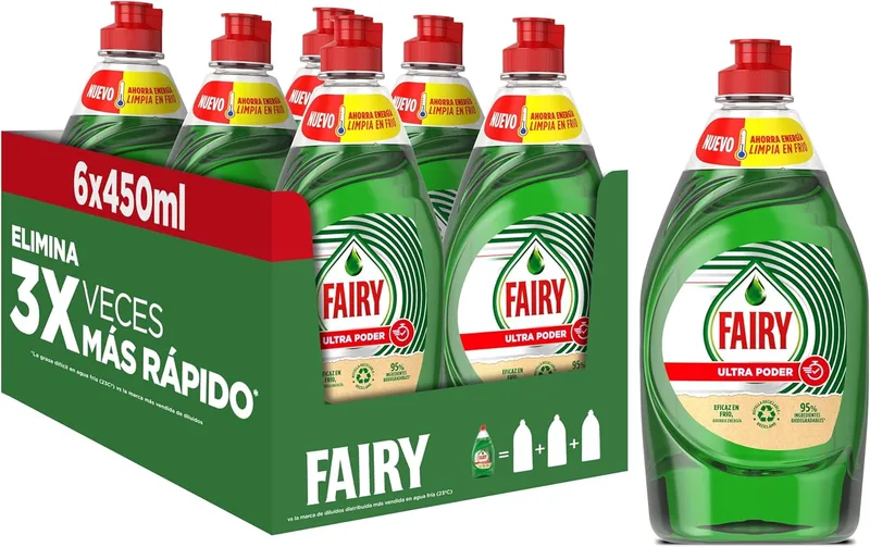 FAIRY ▫️ Ultra Power Original Dishwashing Liquid 6x450ML Fórmula Eficaz Deixa a Louça Lustrosa, Poder de Combate à Gordura