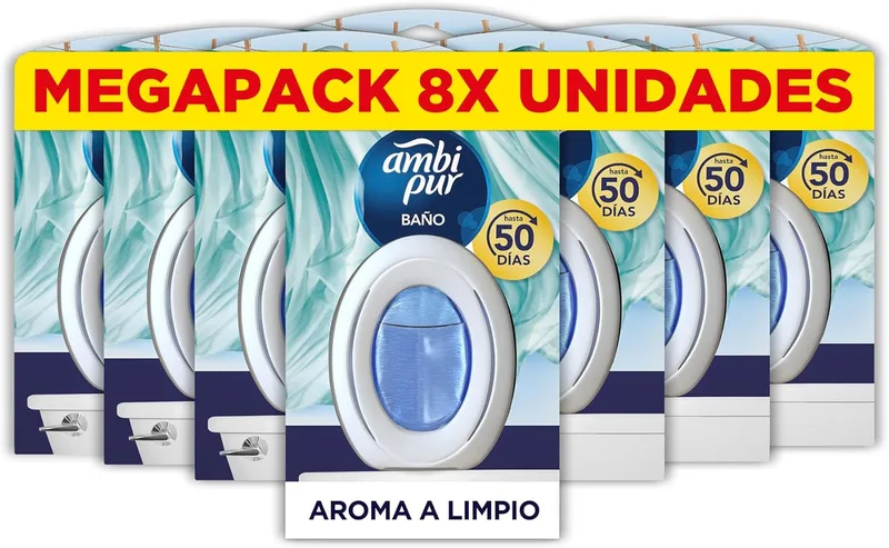 AMBIPUR ▫️ Ambientador contínuo para casa de banho Ambi Pur, embalagem de 8, Elimina os odores desagradáveis e deixa um aroma leve e fresco na casa de banho.