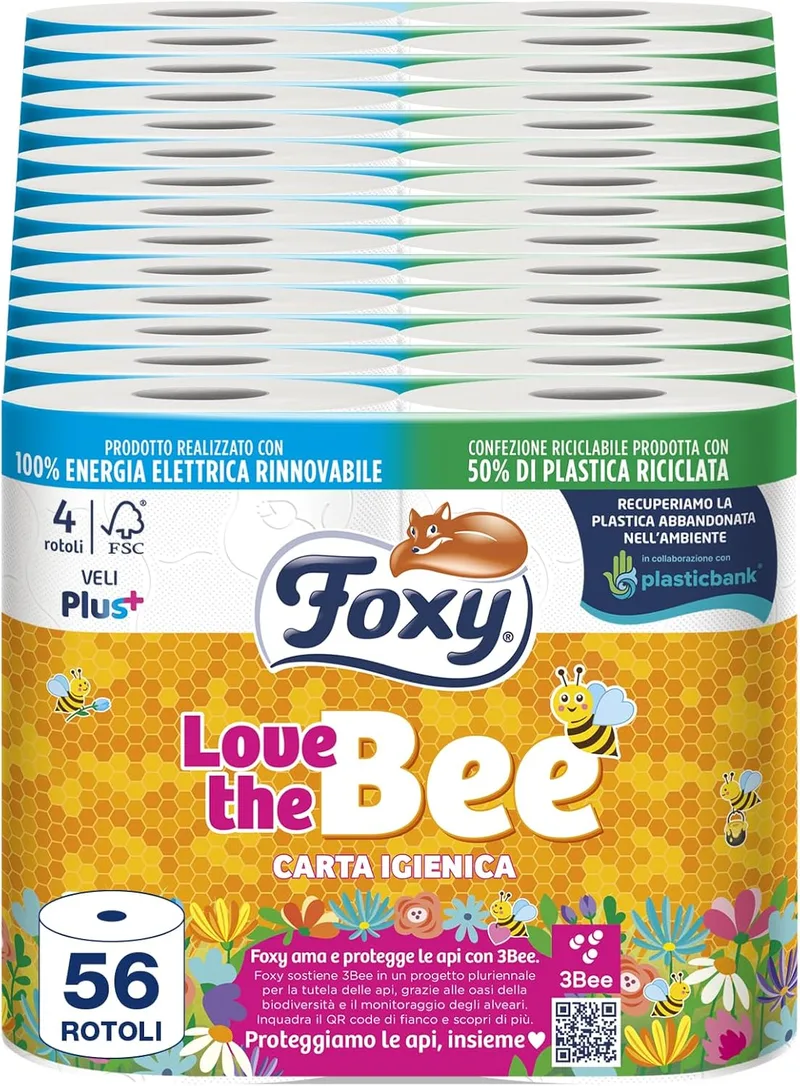 Foxy ▫️ Love the Bee | Papel higiénico, 56 rolos de 225 folhas | 2 camadas de espessura elevada | FSC | 100% de energia elétrica renovável | Embalagem fabricada com plástico reciclado