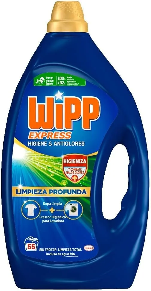 Wipp Express ▫️ Limpeza Profunda, Higiene e Anti-odores (55 lavagens), detergente líquido desmanchante para máquina de lavar roupa, para roupa higienicamente limpa