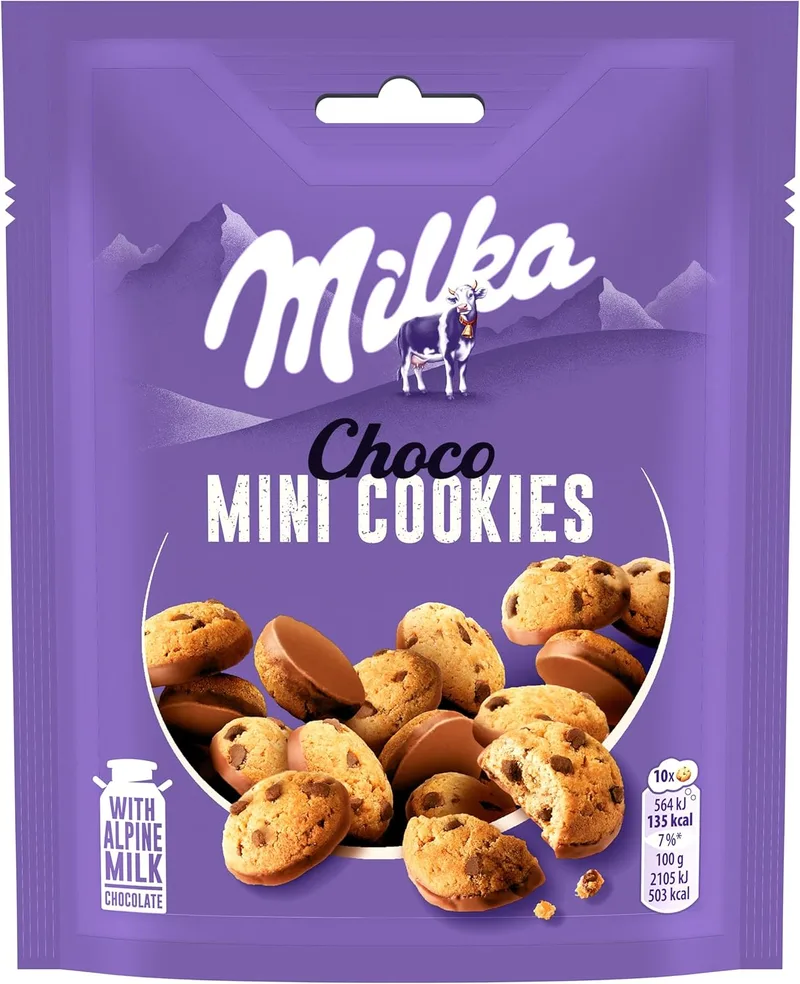 Milka ▫️ Mini Cookies Biscoitos de Chocolate ao Leite com Cobertura de Chocolate ao Leite Alpino 110g - Embalagem de 8