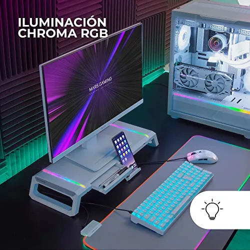 Mars Gaming ▫️ MGS-ONE, Suporte para monitor RGB Chroma, tamanho ajustável em 3 posições, suporte para smartphone e tablet, gaveta multifunções, porta USB 2.0 frontal, branco 2