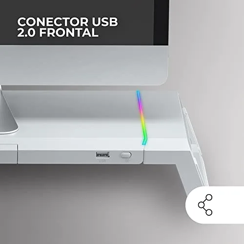 Mars Gaming ▫️ MGS-ONE, Suporte para monitor RGB Chroma, tamanho ajustável em 3 posições, suporte para smartphone e tablet, gaveta multifunções, porta USB 2.0 frontal, branco 3