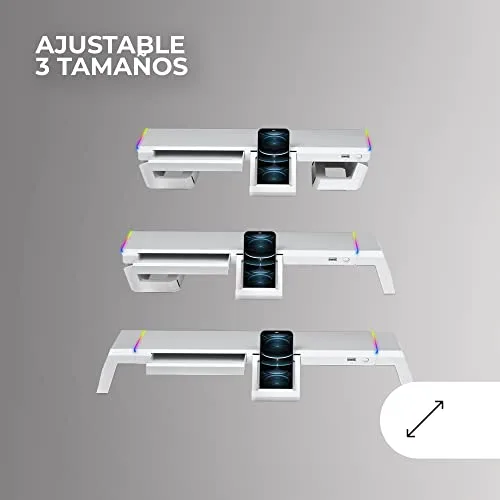 Mars Gaming ▫️ MGS-ONE, Suporte para monitor RGB Chroma, tamanho ajustável em 3 posições, suporte para smartphone e tablet, gaveta multifunções, porta USB 2.0 frontal, branco 5