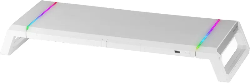 Mars Gaming ▫️ MGS-ONE, Suporte para monitor RGB Chroma, tamanho ajustável em 3 posições, suporte para smartphone e tablet, gaveta multifunções, porta USB 2.0 frontal, branco