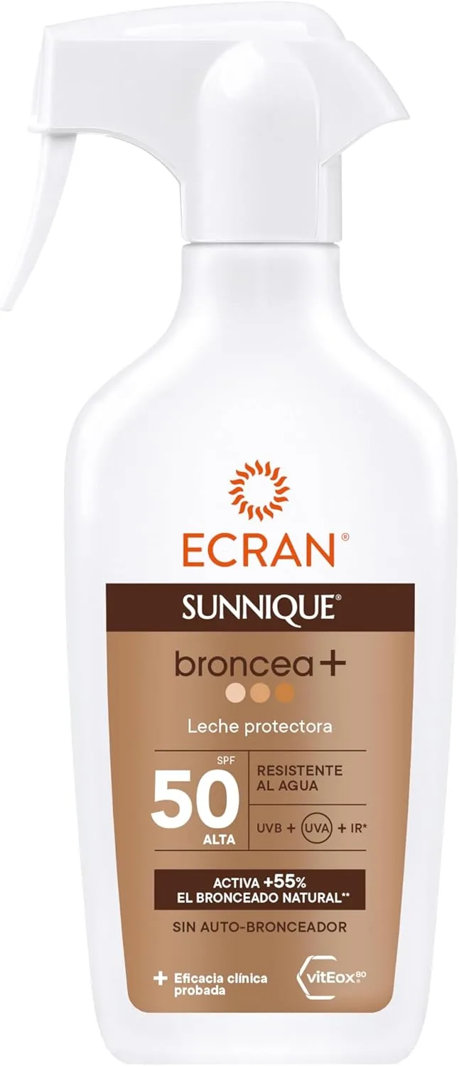 Ecran ▫️ Sunnique Leite Protetor Solar Broncea+ FPS 50 em Spray, Proteção Elevada contra UVB + UVA e IR-A, Ativa o Bronzeado Natural, Sem Autobronzeador, com Tecnologia PureBronze, Resistente à Água - 270 ml