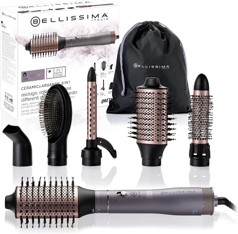 BELLISSIMA ▫️ Ceramic & Argan Oil 6 em 1, Escova de Ar Quente, Modeladora, 6 Acessórios, Tecnologia de Iões, Escovas Revestidas de Cerâmica e Óleo de Argão, Seca e Dá Volume, Jato de Ar Frio