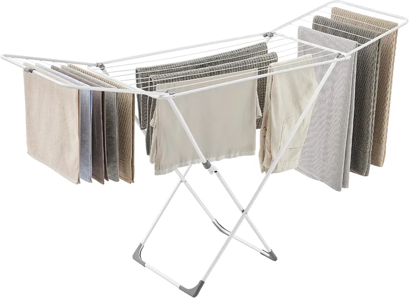 SONGMICS ▫️ Estendal de roupa, estendal de metal, dobrável, economiza espaço, para uso no interior e no exterior, para roupa de cama, com 2 alas, branco LLR540W01