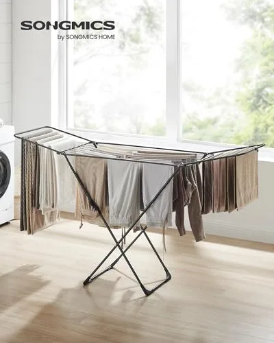 SONGMICS ▫️ Estendal, Estendal de Metal, Dobrável, Economiza Espaço, Para Uso no Interior e no Exterior, para Roupa de Cama, com 2 Asas, Preto LLR540B01 2