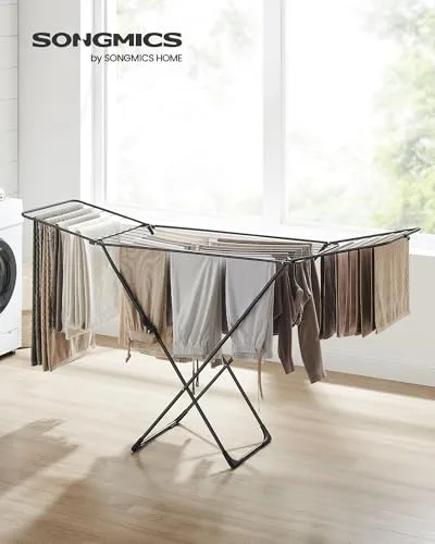 SONGMICS ▫️ Estendal, Estendal de Metal, Dobrável, Economiza Espaço, Para Uso no Interior e no Exterior, para Roupa de Cama, com 2 Asas, Preto LLR540B01 3
