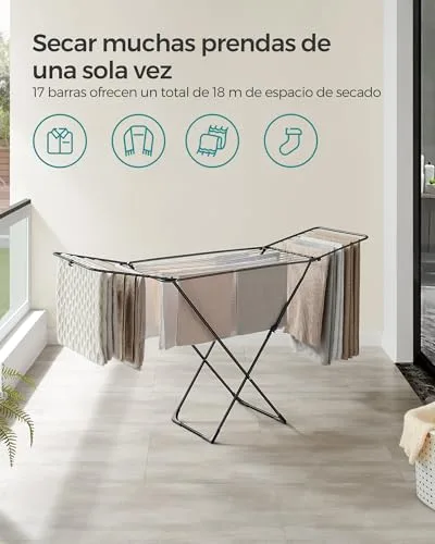 SONGMICS ▫️ Estendal, Estendal de Metal, Dobrável, Economiza Espaço, Para Uso no Interior e no Exterior, para Roupa de Cama, com 2 Asas, Preto LLR540B01 4