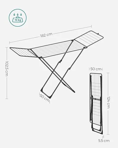 SONGMICS ▫️ Estendal, Estendal de Metal, Dobrável, Economiza Espaço, Para Uso no Interior e no Exterior, para Roupa de Cama, com 2 Asas, Preto LLR540B01 7