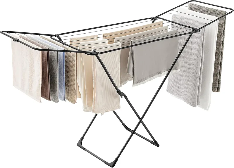 SONGMICS ▫️ Estendal, Estendal de Metal, Dobrável, Economiza Espaço, Para Uso no Interior e no Exterior, para Roupa de Cama, com 2 Asas, Preto LLR540B01