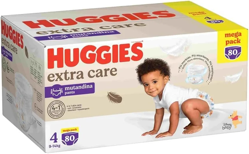 HUGGIES ▫️ Extra Care - Fraldas tamanho 4 (9-14 kg), fraldas respiráveis, Mega pack, 80 unidades.
