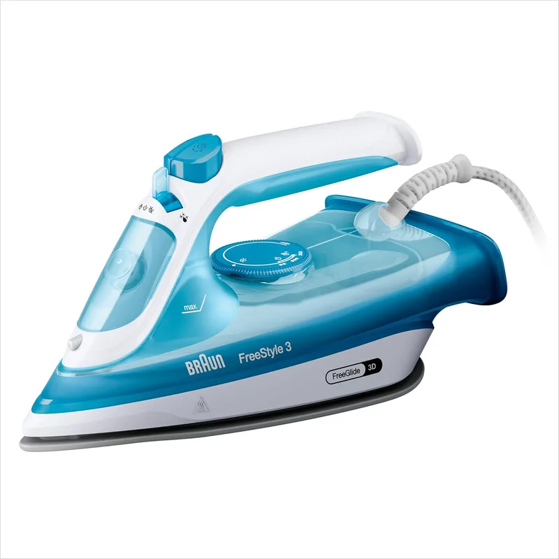 Braun ▫️ FreeStyle 3 FI3144BL, ferro a vapor com tecnologia FreeGlide 3D, base SuperCeramic, Ultimate FastClean, desligamento automático, depósito de 270 ml, 2700W, azul claro