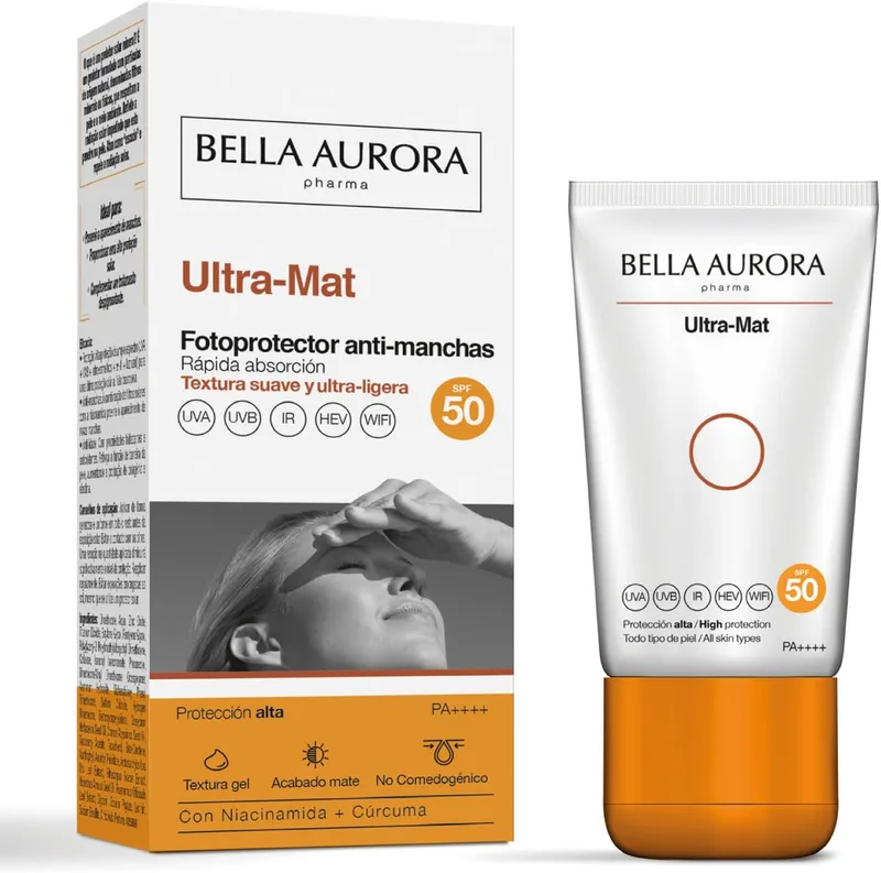 BELLA AURORA ▫️ Ultra-Mat Protetor Solar Facial FPS 50 | Gel Antimanchas de Absorção Rápida | Controlo do Brilho e Acabamento Mate | Pele Oleosa e Mista | 50 ml