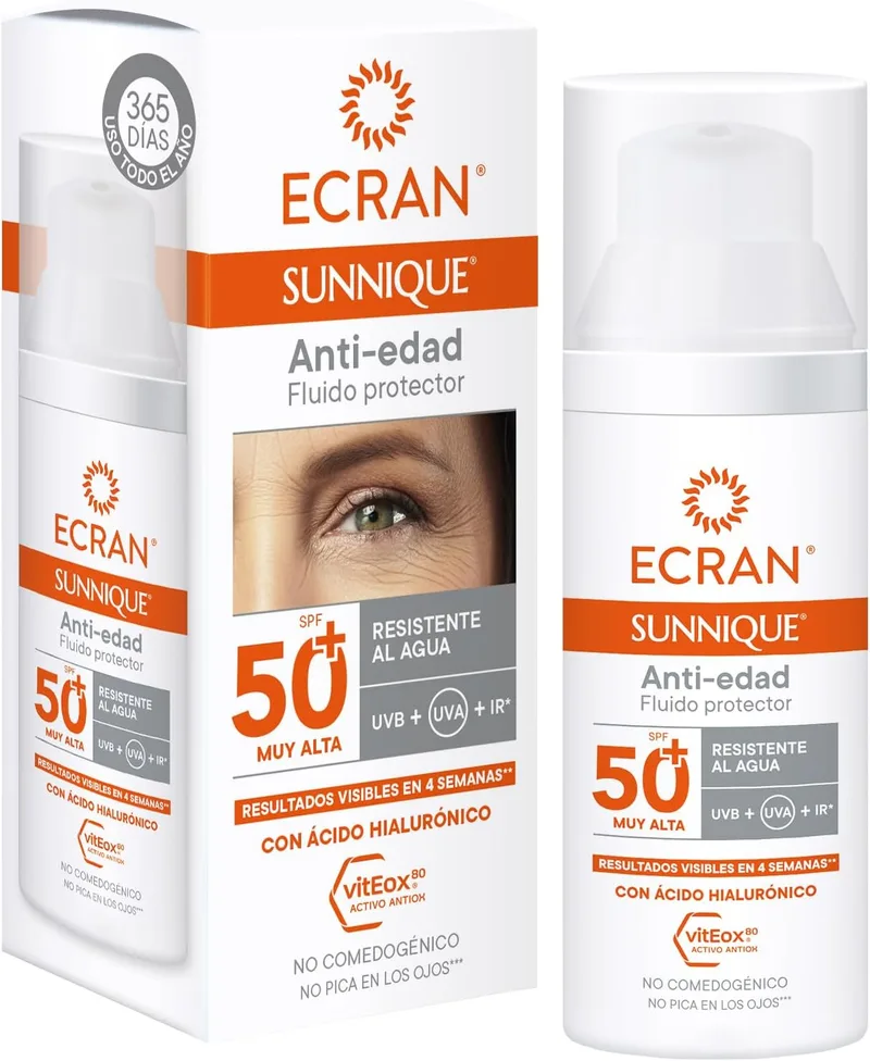 Ecran ▫️ Sunnique - Fluido Facial Solar Anti-idade FPS 50+, com Ácido Hialurónico, Proteção Muito Elevada contra UVB + UVA e IR-A, Anti-rugas e Anti-manchas, Fórmula com VitEox 80, Para o Rosto e o Decote - 50 ml