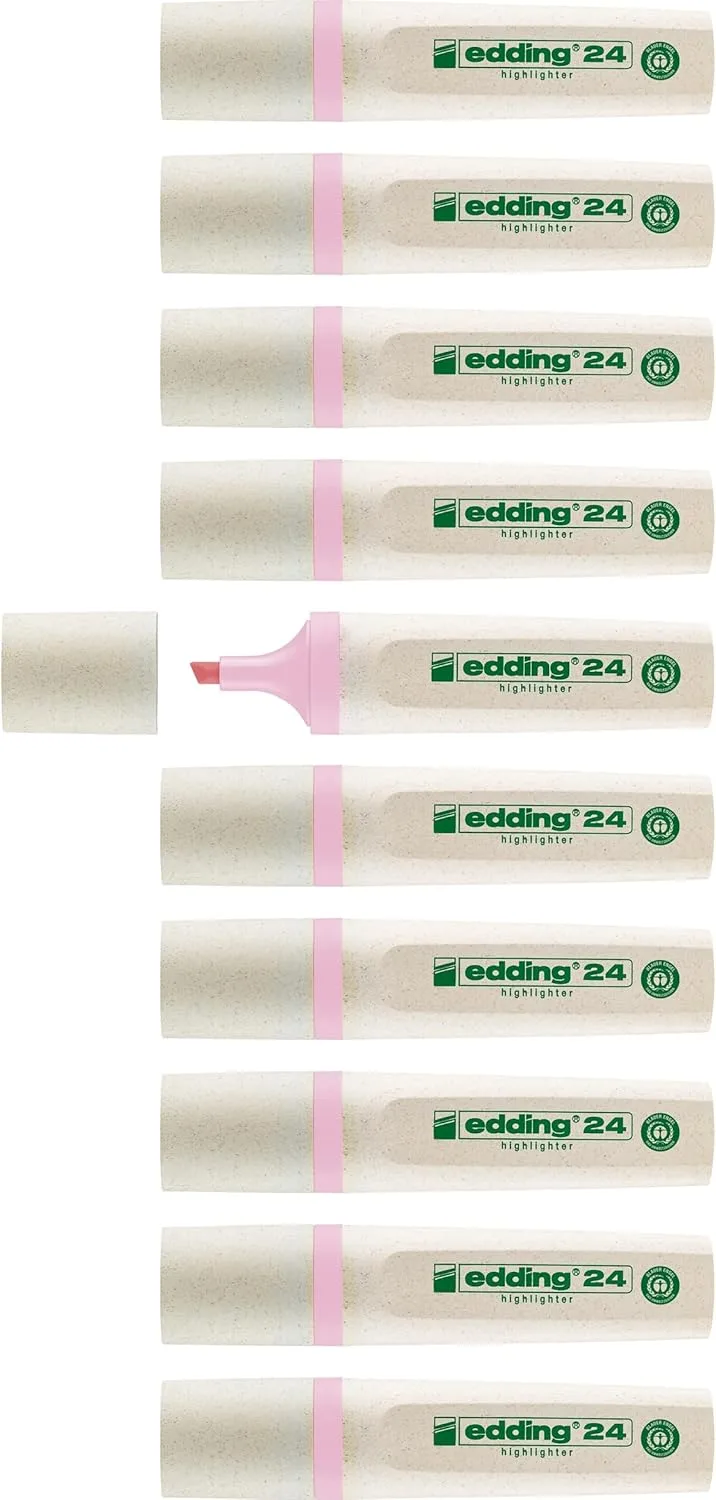 Edding ▫️ 24 - Caixa de 10 marcadores Ecoline Highlighters - Ponta biselada de 2 a 5 mm - Rosa pastel.