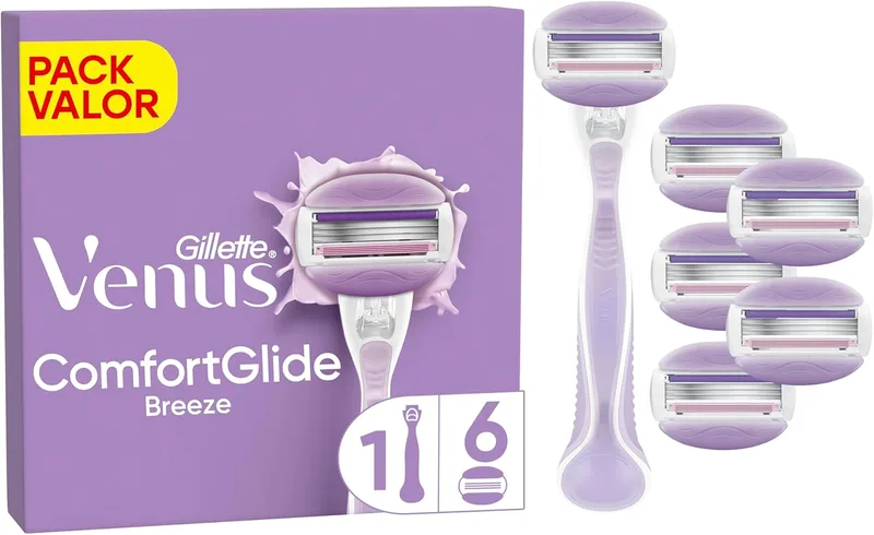 Gillette Venus ▫️ Comfortglide Breeze, máquina de barbear para mulher, 1 cabo + 6 recargas, 3 lâminas, para uma depilação suave, rente e duradoura