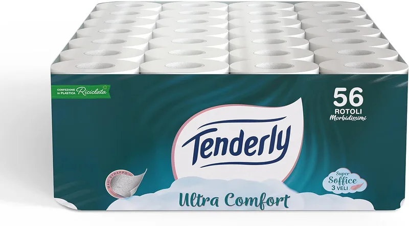 Tenderly ▫️ Ultra Comfort, 56 rolos de papel higiénico puro, 3 camadas, 200 tiras por rolo, suave para a pele, testado dermatologicamente