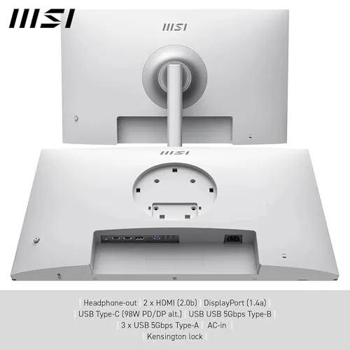 MSI ▫️ Modern MD272UPHW Monitor Profissional UHD de 27" - Painel IPS de 3840 x 2160, 60 Hz, Montagem VESA, Ajustável em 4 direções - HDMI 2.0b, DisplayPort 1.4a, Tipo C - Branco 6