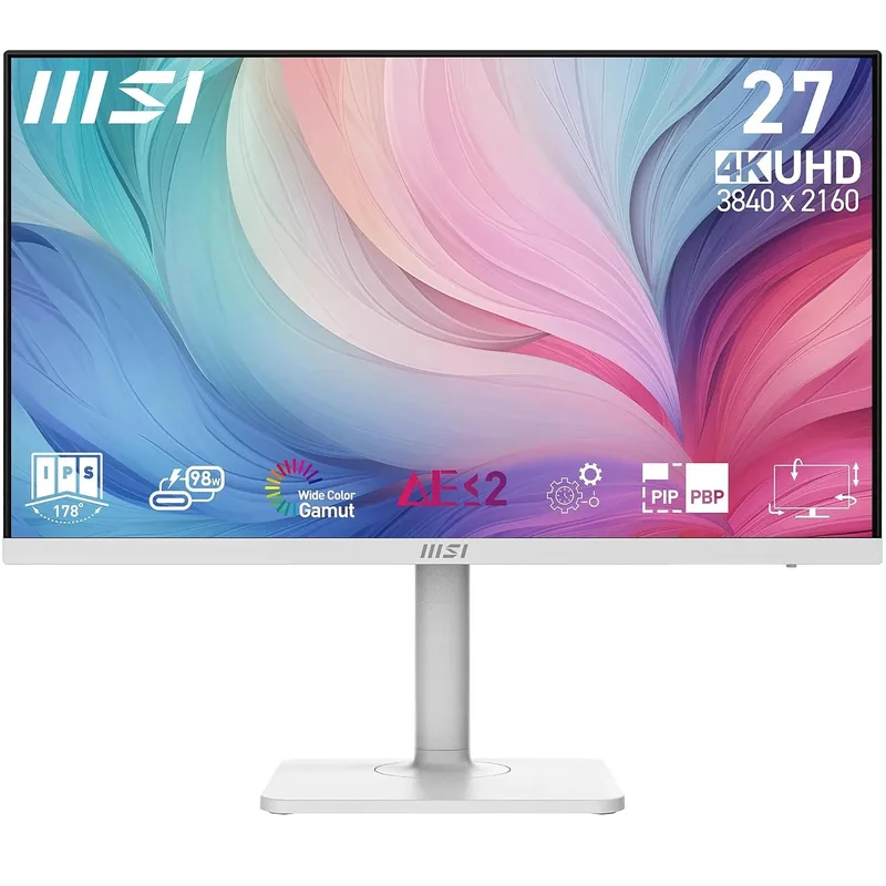 MSI ▫️ Modern MD272UPHW Monitor Profissional UHD de 27" - Painel IPS de 3840 x 2160, 60 Hz, Montagem VESA, Ajustável em 4 direções - HDMI 2.0b, DisplayPort 1.4a, Tipo C - Branco