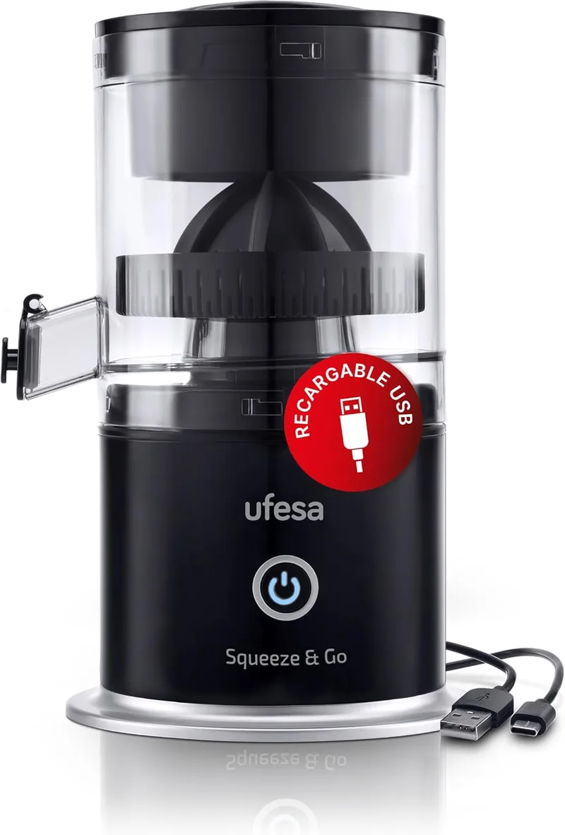 Ufesa ▫️ Squeeze & Go, espremedor elétrico recarregável via USB-C, portátil, para laranjas e limas, bateria de 1500 mAh, 220 ml, sem BPA