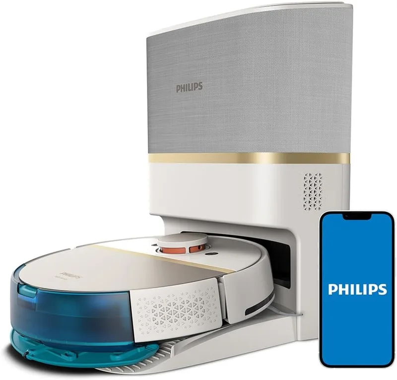 Philips ▫️ Aspirador robô e esfregona de chão Homerun 7000, sucção ultra potente (5000 Pa), deteção de pequenos obstáculos, estação de esvaziamento automático, branco, aspirador robô, aplicação Homerun (XU7100/02)
