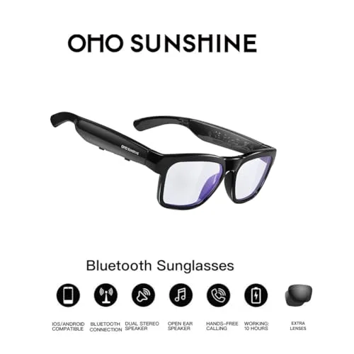 OhO sunshine ▫️ Óculos de sol com áudio Bluetooth óculos desportivos leves com design aberto, 10 horas de autonomia, UV400 ANSI Z87.1, controlo por voz 3