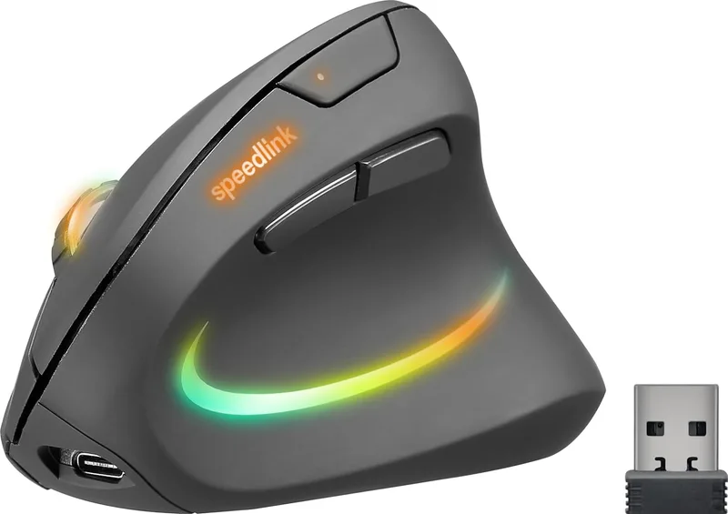 Speedlink ▫️ PIAVO Pro – Rato Vertical Iluminado Recarregável – rato sem fios ergonómico para destros, bateria integrada recarregável via USB-C, iluminação RGB, DPI ajustável, Preto
