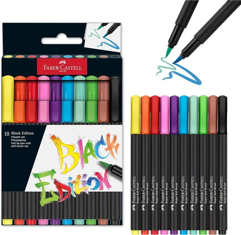 Faber-Castell 116451 - Conjunto de lápis de feltro Black Edition de 10 peças, com ponta de pincel, para crianças e adultos