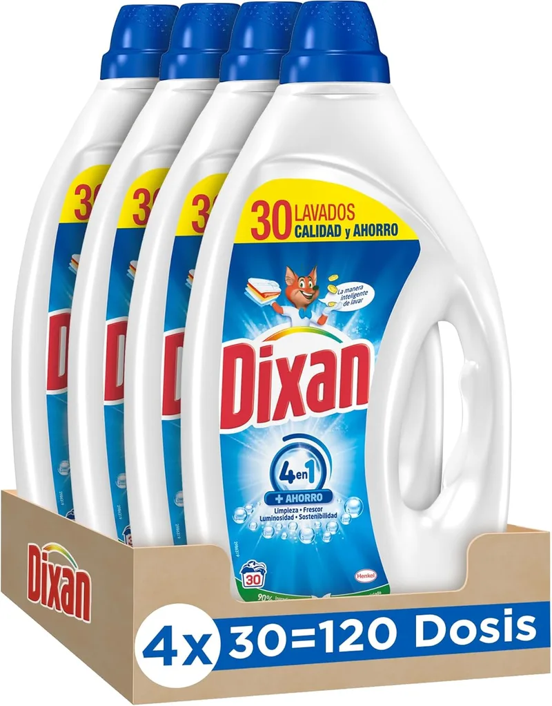 Dixan ▫️ Gel Total+ 4 em 1 (4 x 1350 ml), detergente líquido para roupa clara e branca, detergente com elevado poder de remoção de nódoas, sensação de frescura, 120 lavagens
