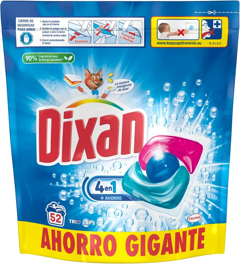 Dixan ▫️ Cápsulas de detergente para máquinas de lavar roupa Total 4+1 (52 lavagens), sabão para roupa branca e leve, limpeza, brilho e frescura num só detergente.