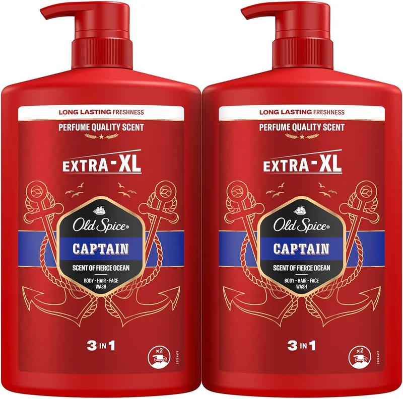 Old Spice ▫️ Captain Men's Shower Gel & Shampoo 2x1000ml, Gel 3 em 1 multiusos para rosto, corpo e cabelo, frescura duradoura, fragrância excecional, limpeza profunda