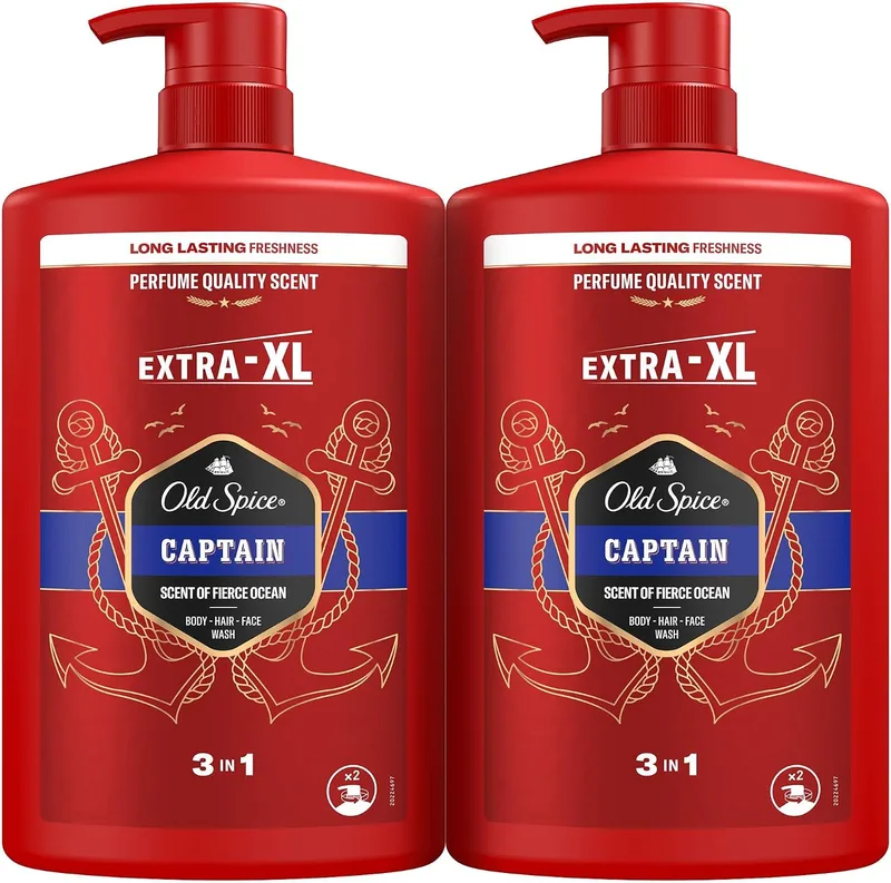 Old Spice ▫️ Gel de banho e champô 3 em 1 Captain para homem, 2 x 1 L.