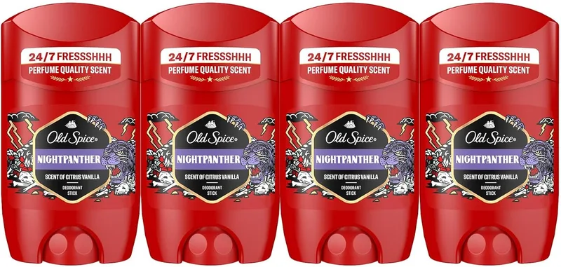 Old Spice ▫️ Night Panther Men's Deodorant Stick 4x50ml, Frescura 24 horas, Uso diário, Fragrância de longa duração, Fragrância excecional, Proteção contra odores