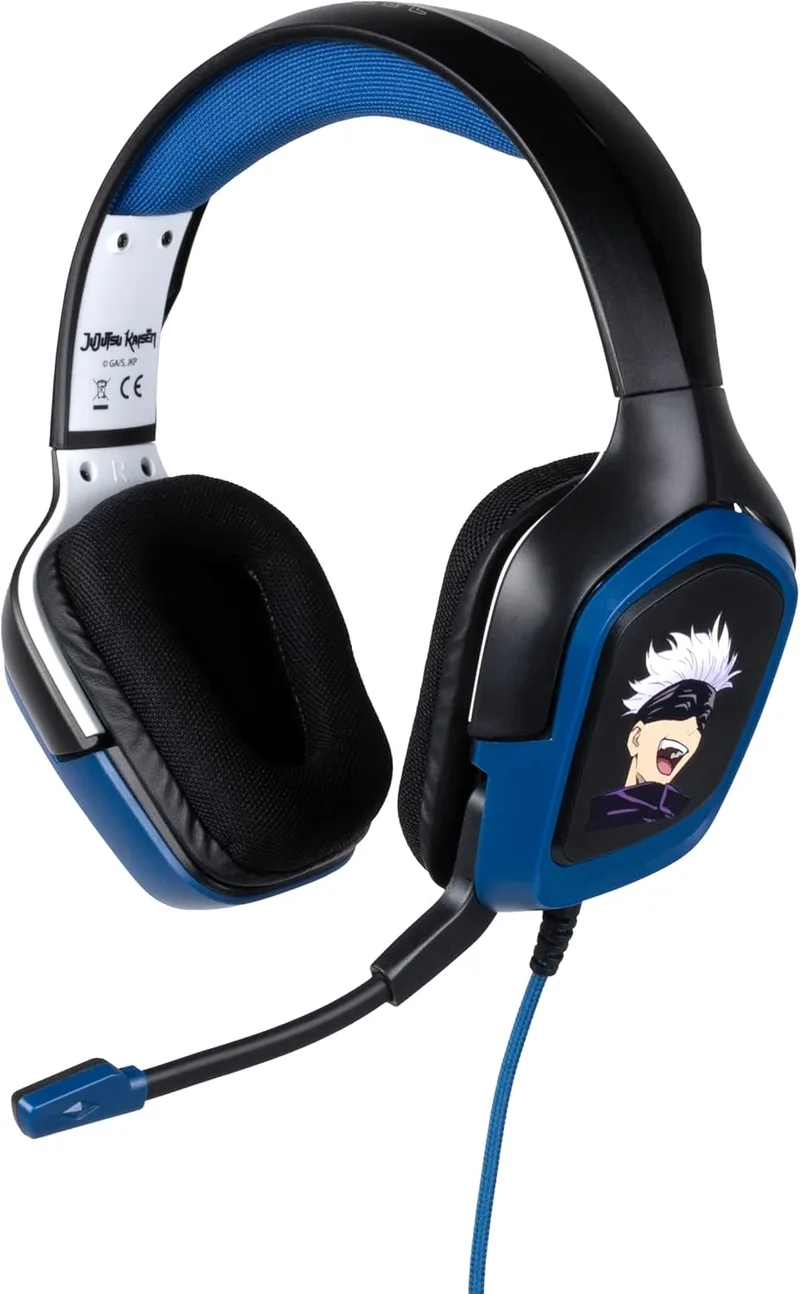 Konix ▫️ Auscultadores de jogos com fio Jujutsu Kaisen para PS4, PS5, Switch, Xbox One e Series X|S - Microfone a 45° - Cabo de 1,5 m - Conector jack de 3,5 mm - Design de Gojo