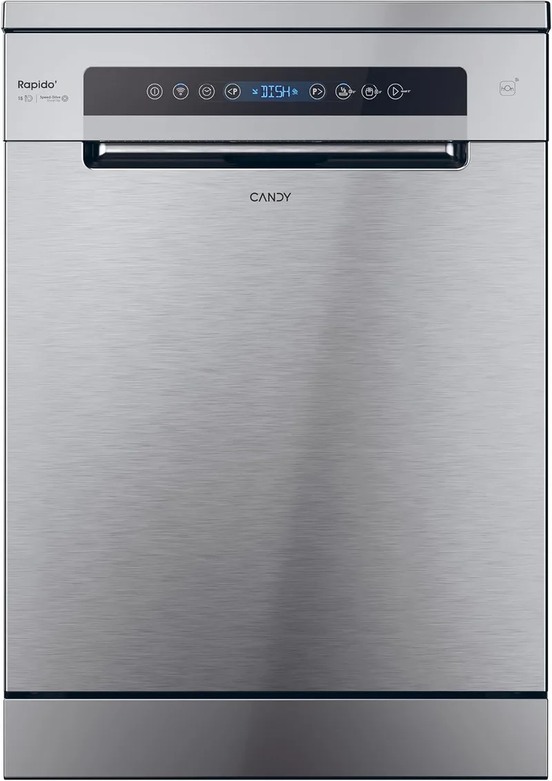 CANDY ▫️ Rápido CF 5C7F1X, Máquina de lavar louça de 60 cm, 15 serviços, digital, Wi-Fi, 8 programas, motor inverter, início diferido 1-23 h, indicador de sal e abrilhantador, terceira bandeja, 47 dB, aço inoxidável