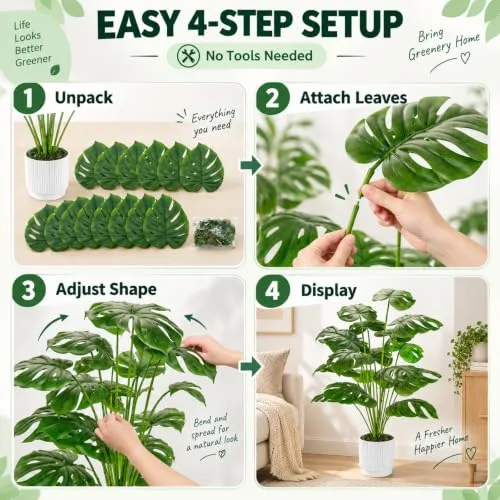 Der Rose ▫️ Plantas artificiais grandes de 28 polegadas, plantas artificiais em vaso de monstera para interiores e exteriores, sala de estar, casa, chão, alpendre da frente, decoração de árvores 3