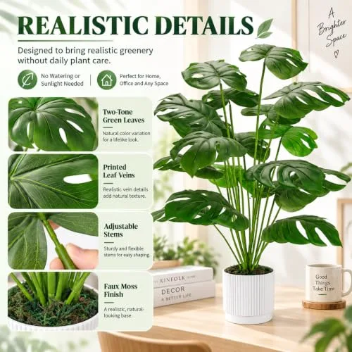 Der Rose ▫️ Plantas artificiais grandes de 28 polegadas, plantas artificiais em vaso de monstera para interiores e exteriores, sala de estar, casa, chão, alpendre da frente, decoração de árvores 4