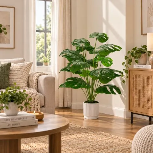 Der Rose ▫️ Plantas artificiais grandes de 28 polegadas, plantas artificiais em vaso de monstera para interiores e exteriores, sala de estar, casa, chão, alpendre da frente, decoração de árvores 5