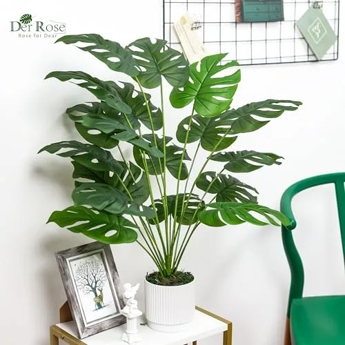 Der Rose ▫️ Plantas artificiais grandes de 28 polegadas, plantas artificiais em vaso de monstera para interiores e exteriores, sala de estar, casa, chão, alpendre da frente, decoração de árvores 6