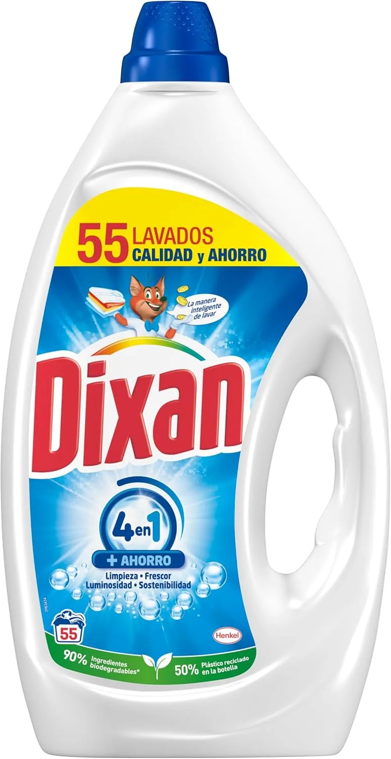 Dixan ▫️ Gel Total+ 4 em 1 (1 x 2475 ml), detergente líquido para roupa clara e branca, detergente com elevado poder de remoção de nódoas, sensação de frescura, 55 lavagens