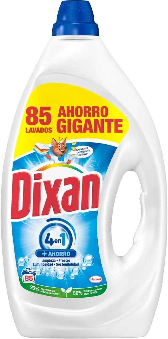 Dixan ▫️ Gel Total+ 4 em 1 (1 x 3825 ml), detergente líquido para a máquina de lavar roupa clara e branca, detergente com grande poder de remoção de manchas, sensação de frescura, embalagem gigante, 85 lavagens
