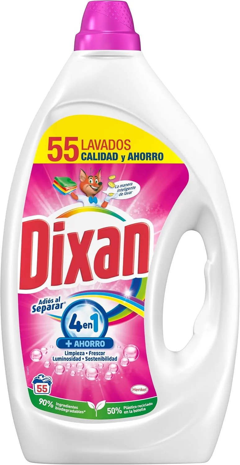 Dixan ▫️ Gel «Adeus à Separação Total» 4+1, Detergente Líquido para Máquina de Lavar Roupa (55 lavagens), detergente líquido para roupa colorida, limpeza, brilho, frescura e sustentabilidade