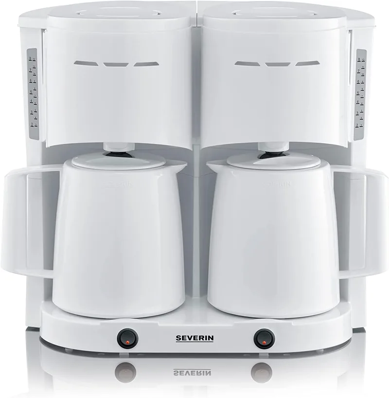 Severin ▫️ Máquina de café por gotejamento Duo até 16 chávenas, Máquina de café com filtro compacta / Máquina de café americana com 2 jarros térmicos, com desligamento automático, Branca, KA 9314